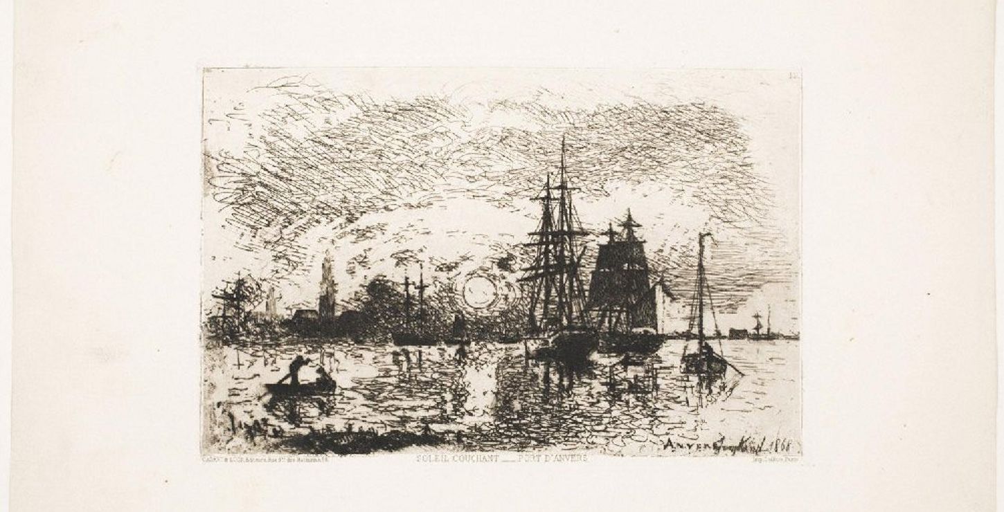Sunset, Port of Antwerp, 1868, Johan Barthold Jongkind, Dutch (active The Hague, Paris, and Rotterdam), 1819 - 1891.  Printed by Delâtre, French, 1822 - 1907, 1985-52-41415
