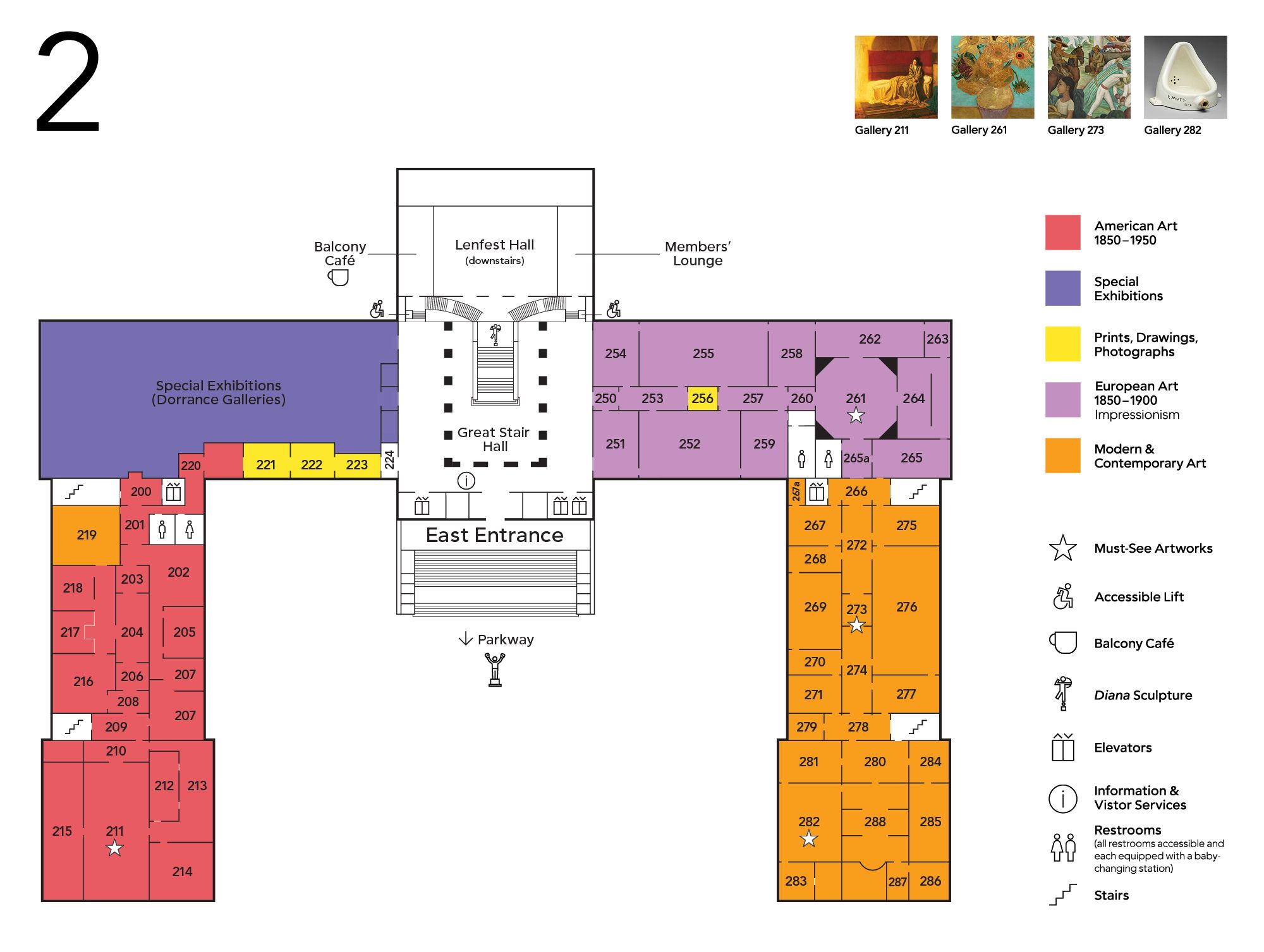 A map showing the second floor layout of the Philadelphia Museum of Art.