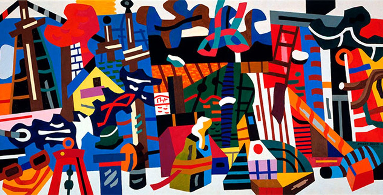 Swing Landscape, 1938, Stuart Davis (American, 1892-1964). Licensed by VAGA, New York, NY. Depicts a multicolour abstract scenes of different shapes and outlines of city buildings.