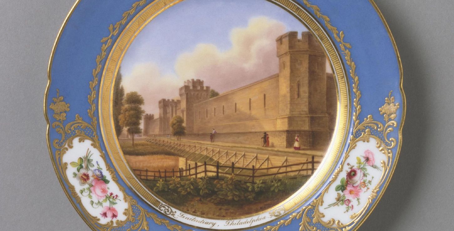 Dessert Plate: "Penitentiary, Philadelphia", c. 1845, Decorated by the shop of Louis Marie François Rihouët, Paris, 1818 - 1855.  After a drawing by C. Burton, 1964-115-22