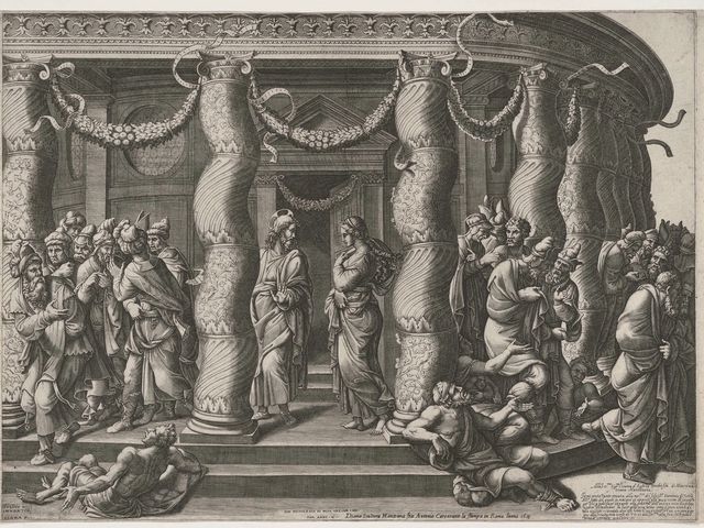 Engraving showing Jesus and a woman at the center of a crowd.