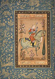 <i>A Young Prince Riding</i> 
Northern India or Afghanistan (Kabul); Mughal court 
c. 1550–55
Opaque watercolor, ink, and gold on paper 
Alvin O. Bellak Collection, 2004-149-12
