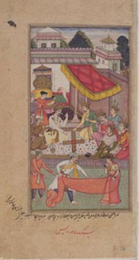 <i>The Fateful Game of Dice</i>
From a dispersed <i>Razmnama</i> (Book of War)
Ascribed to Sangha, Indian
Northern India, Mughal Court
Manuscript dated by internal colophon to 1598–99
Opaque watercolor, ink, and gold on paper
The Free Library of Philadelphia, Rare Book Department, John Frederick Lewis Collection.
