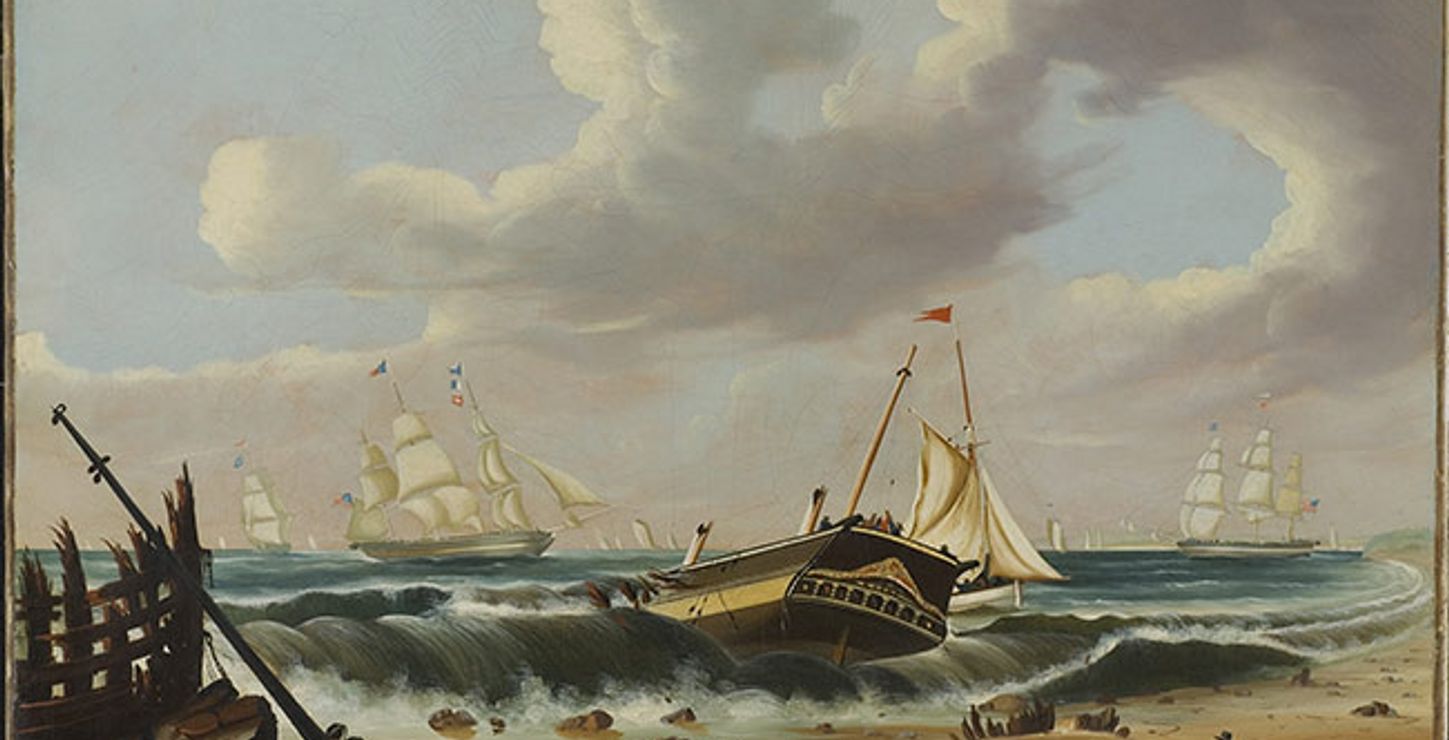 Rockaway Beach, New York, with the Wreck of the Ship Bristol
Thomas Chambers, American (born England)
Oil on canvas
21 3/4 x 30 3/8 inches (55.2 x 77.2 cm)
Indiana University Art Museum, Bloomington
Morton and Marie Bradley Memorial Collection