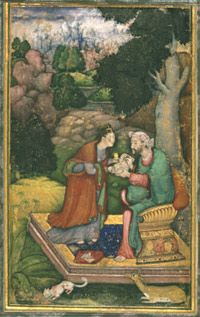 <i>An Evangelist Writing with the Aid of a Woman Holding an Inkwell</i>
Attributed to Manohara
Northern India, Mughal court
c. 1595–1600
Opaque watercolor and gold on paper
Alvin O. Bellak Collection, 2004-149-14
