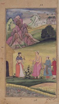 <i>Sage Brihaspati Describes the Evils of Anarchy to King Vasumanas</i>
Page from a dispersed <i>Razmnama</i> (Book of War)
Ascribed to Bhagavana
Northern India, Mughal court
1598–99
Opaque watercolor, ink, and gold on paper 
The Free Library of Philadelphia, Rare Book Department, John Frederick Lewis Collection.