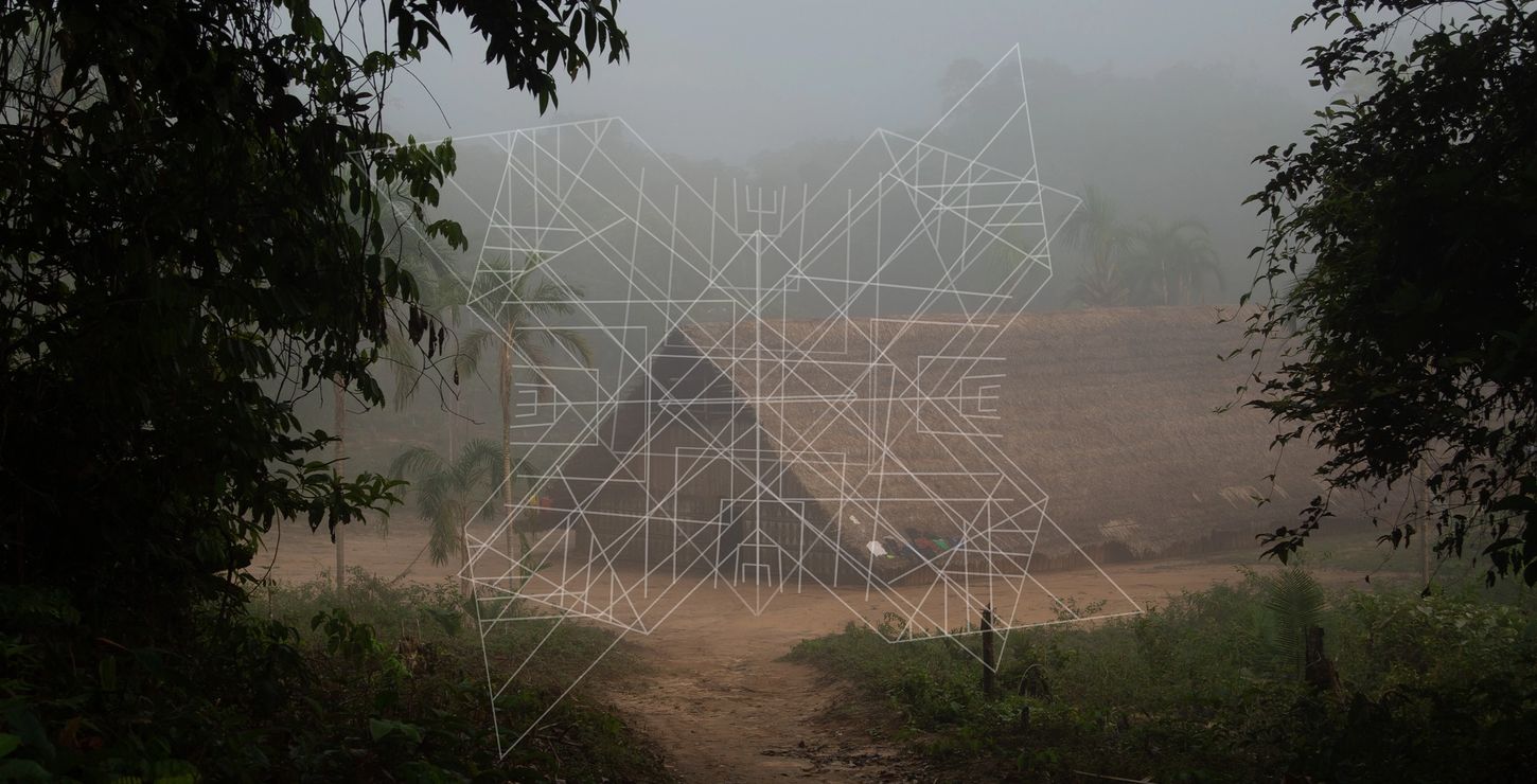 A photo of a longhouse in the river Piraparaná, overlaid with an intricate geometric pattern.
