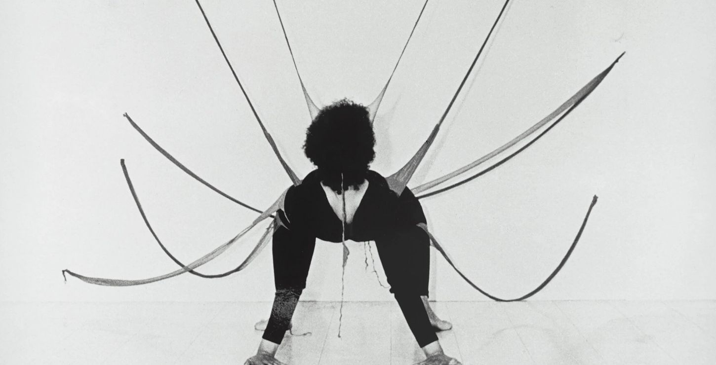 Maren Hassinger activating Senga Nengudi’s <i>R.S.V.P. Performance Piece</i> (1977). Photo by Harmon Outlaw, 1978