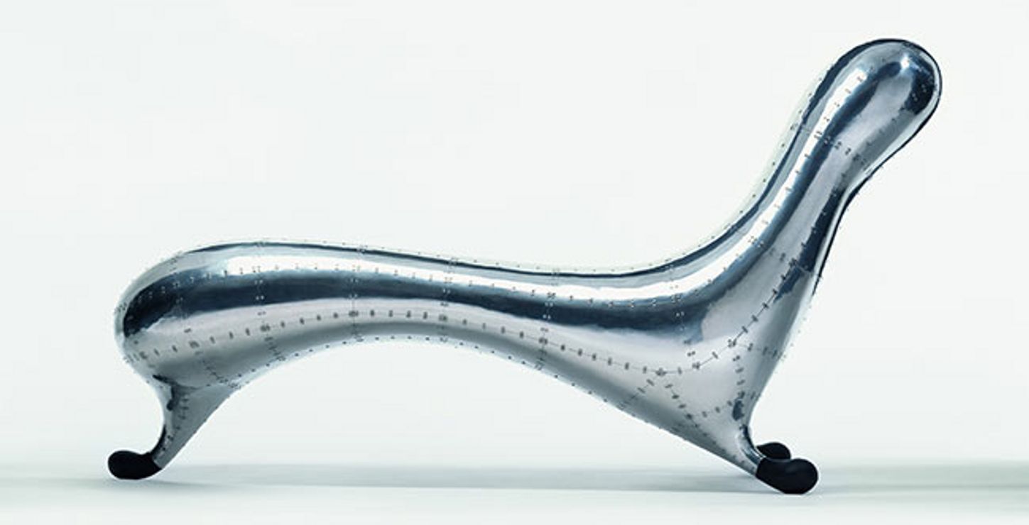 Lockheed Lounge, 1988
Designed by Marc Newson, Australian
Riveted aluminum, fiberglass, rubberized paint
34 1/2 × 65 3/4 × 24 1/2 inches (87.6 × 167 × 62.2 cm)
Lent by Carnegie Museum of Art, Pittsburgh
Photography © Karin Catt