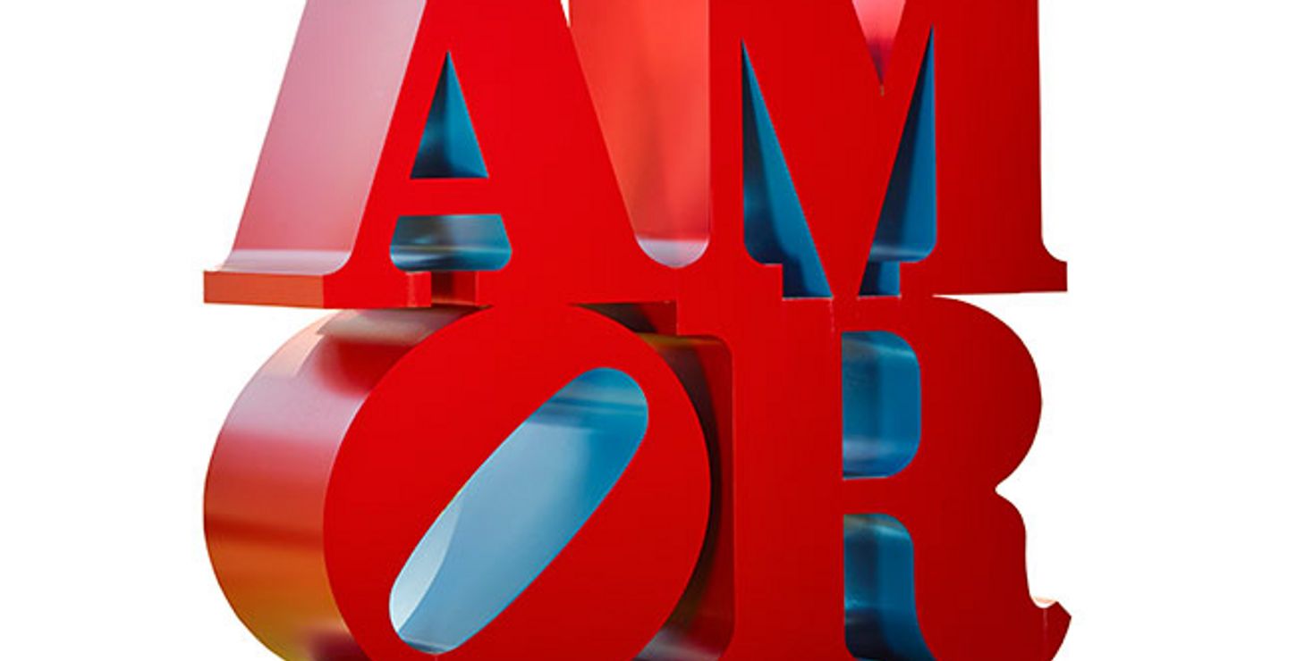 AMOR, 1998, by Robert Indiana (American, born 1928). Polychrome aluminum painted red and blue. 72 x 72 x 36 inches. © 2015 Morgan Art Foundation. Artists Rights Society (ARS), New York