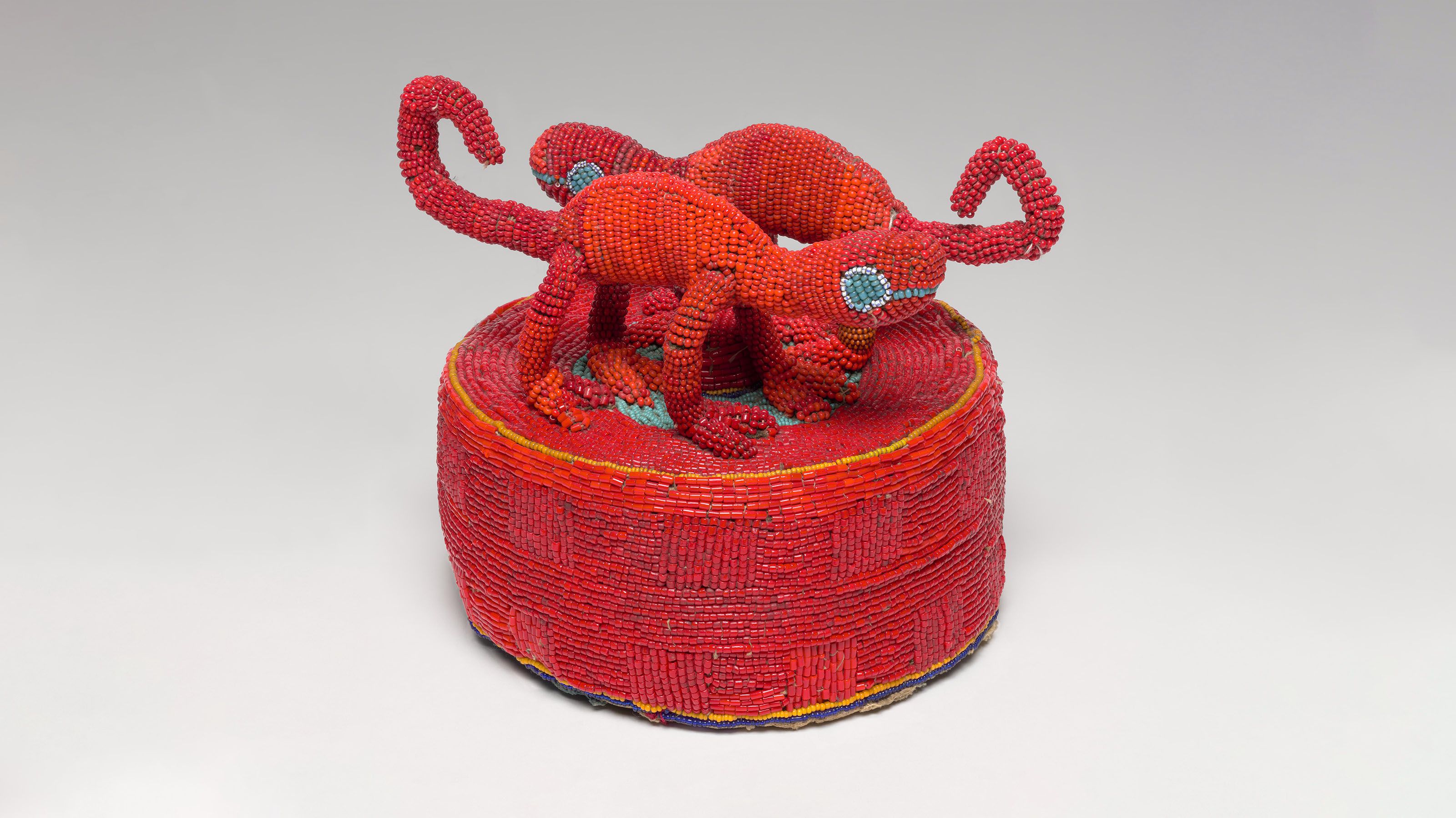 Royal hat with chameleons, Yoruba artist, Nigeria, cotton, glass beads, fiber, c. 1920, BRN-22