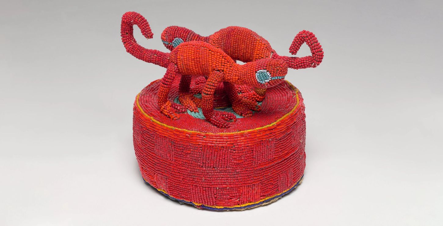 Royal hat with chameleons, Yoruba artist, Nigeria, cotton, glass beads, fiber, c. 1920, BRN-22
