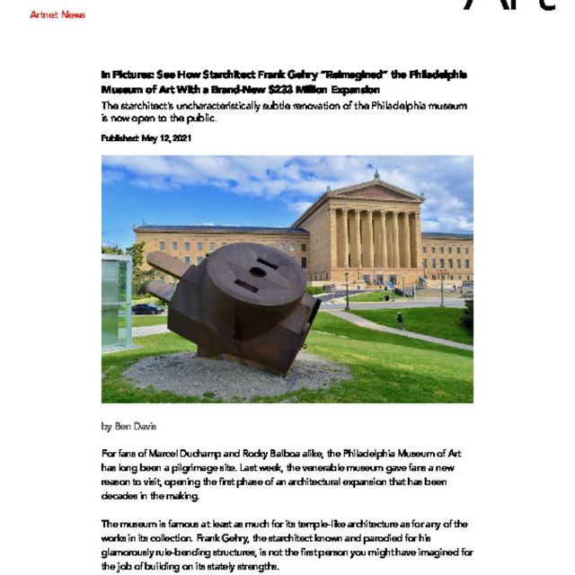 Front cover of &quot;In Pictures: See How Starchitect Frank Gehry &quot;Reimagined&quot; the Philadelphia Museum of Art with a Brand-New $233 Million Expansion - Artnet News&quot;