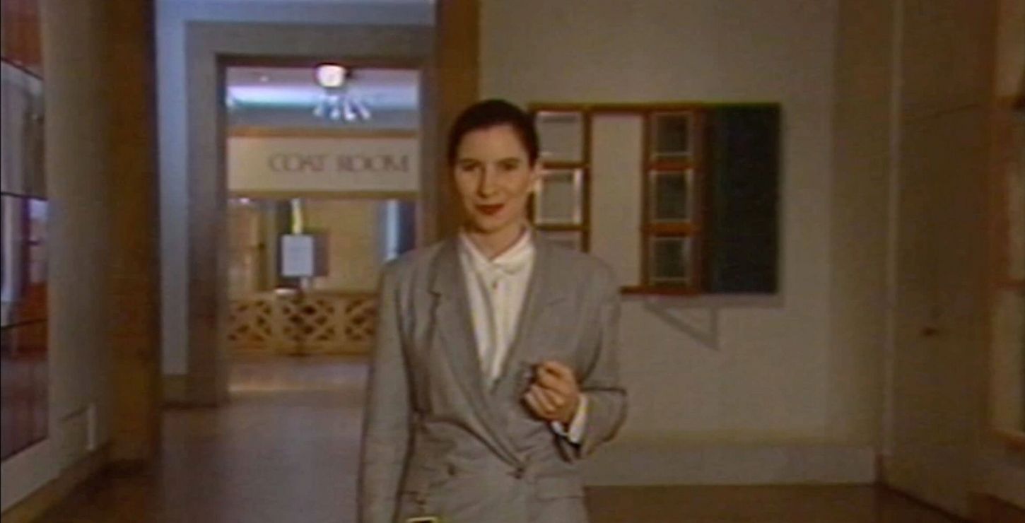Video still of <i>Museum Highlights: A Gallery Talk</i>, 1989, by Andrea Fraser