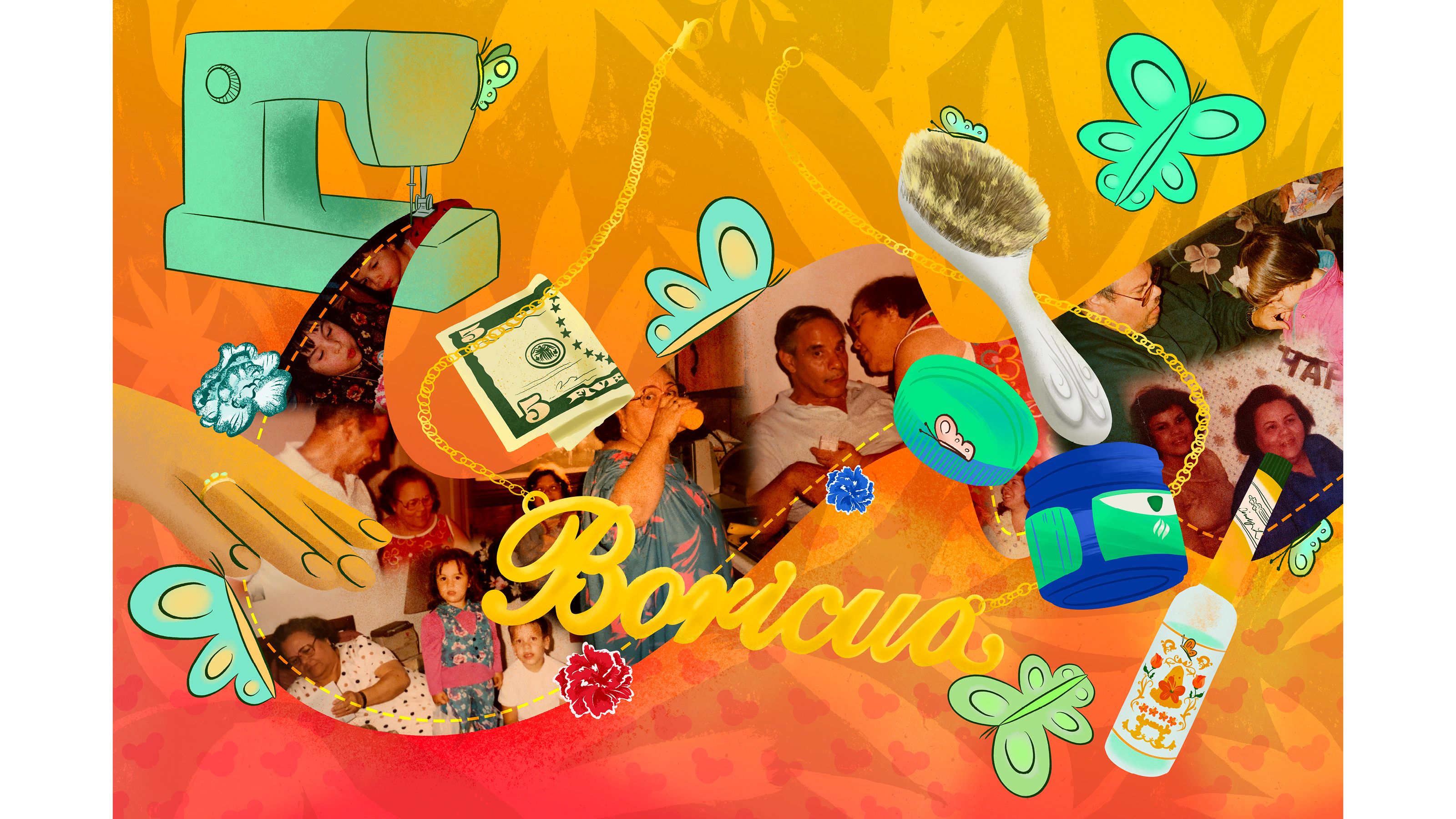 A collage of Cindy Lozito's drawings alongside family photos with the word "Boricua" written across the image.