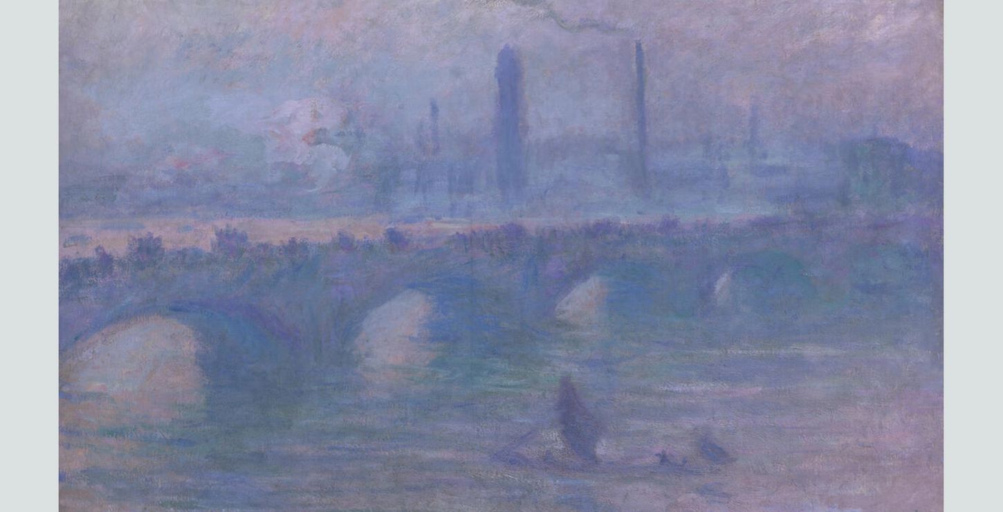 A painting of the Waterloo bridge with morning fog.
