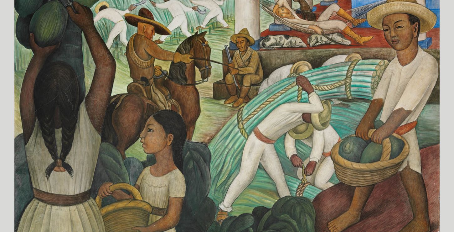 A painting depicting the dark skinned plantation workers laboring while the light-skinned overseers and landowner watch.