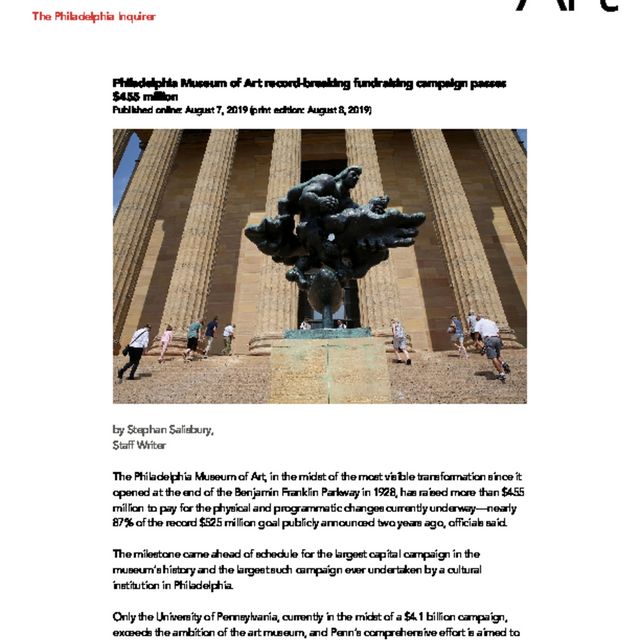 Front cover of &quot;Philadelphia Museum of Art record-breaking fundraising campaign passes $455 million - The Philadelphia Inquirer&quot;