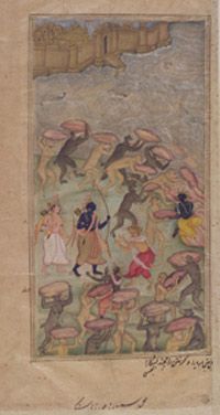 <i>The Monkeys and Bears Construct a Bridge to Lanka</i>
Page from a dispersed <i>Razmnama</i> (Book of War)
Composition ascribed to Shravana; faces by Sangha/Shankara(?)
Northern India, Mughal court
1598–99
Opaque watercolor, ink, and gold on paper
The Free Library of Philadelphia, Rare Book Department, John Frederick Lewis Collection