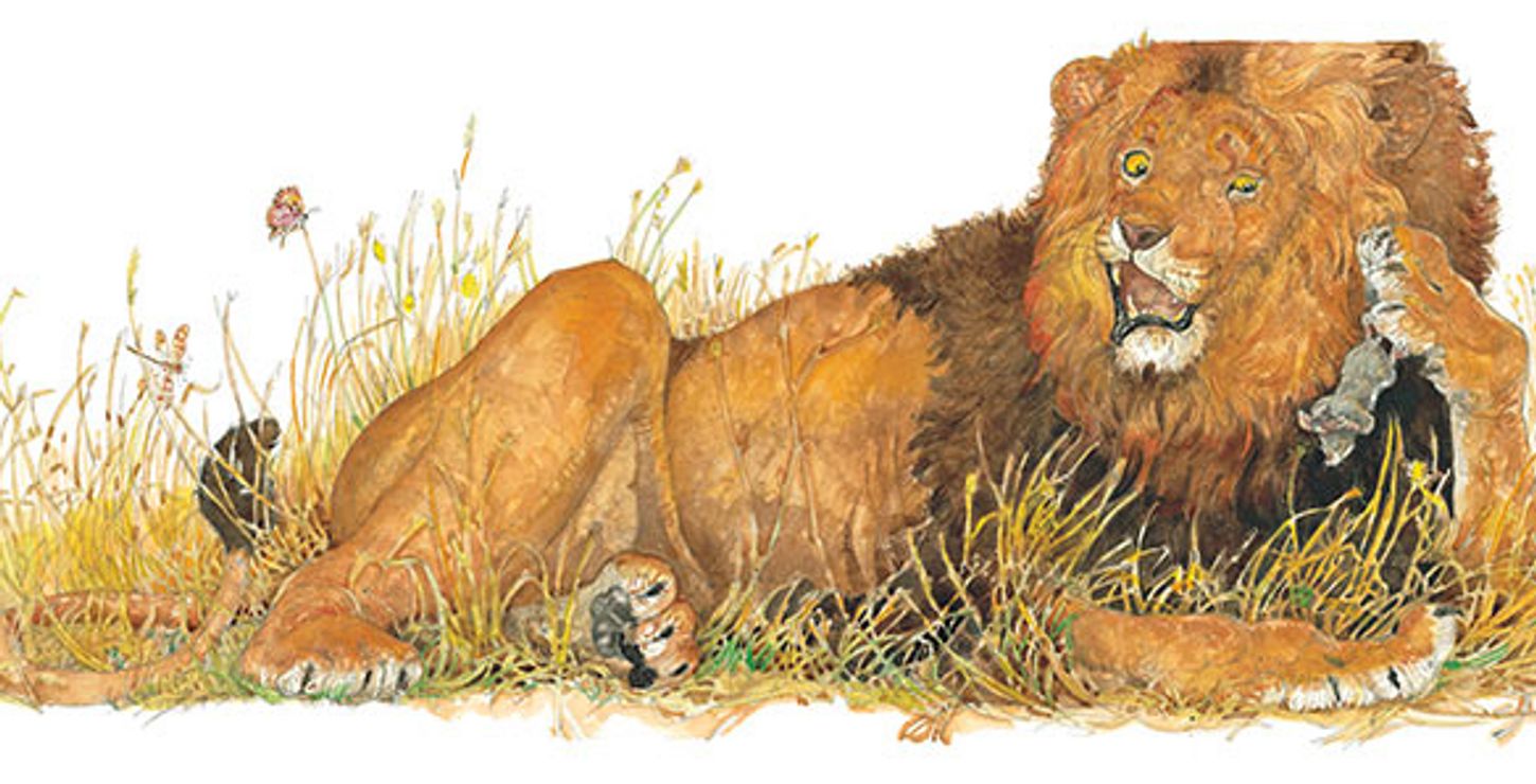 Grrr (Lion Picks Up Mouse), 2009, by Jerry Pinkney. Illustration from The Lion and the Mouse © 2009 Jerry Pinkney Studio. All rights reserved.