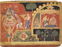 <i>The Earth Goddess Returns the Stolen Goods to Krishna and Pays Homage</i>
Page from a dispersed manuscript of the <i>Bhagavata Purana</i>
Northern India, probably Delhi-Agra region
c. 1525-40
Opaque watercolor and gold on paper 
Alvin O. Bellak Collection