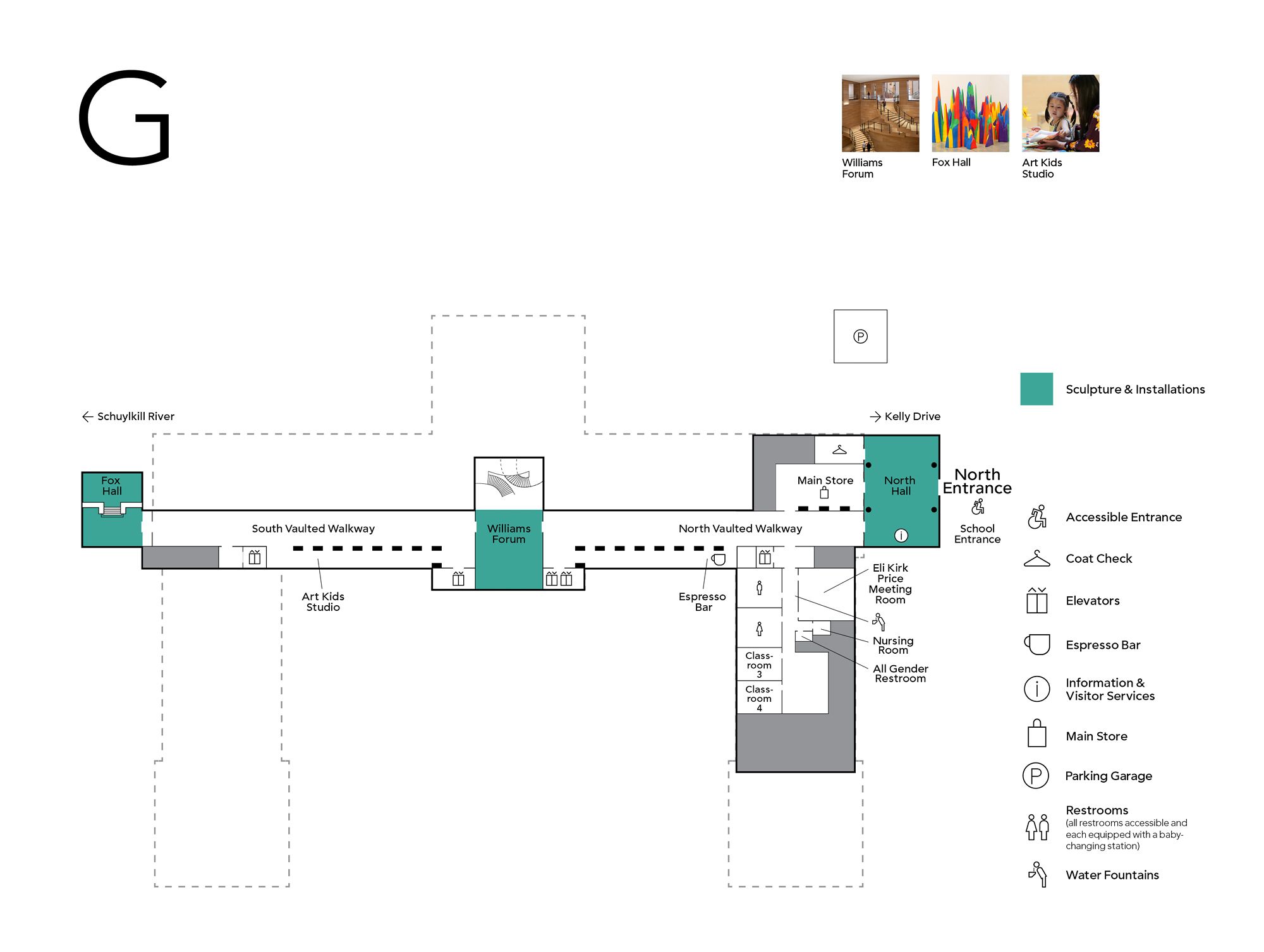 A map showing the elevated ground floor layout of the Philadelphia Museum of Art.