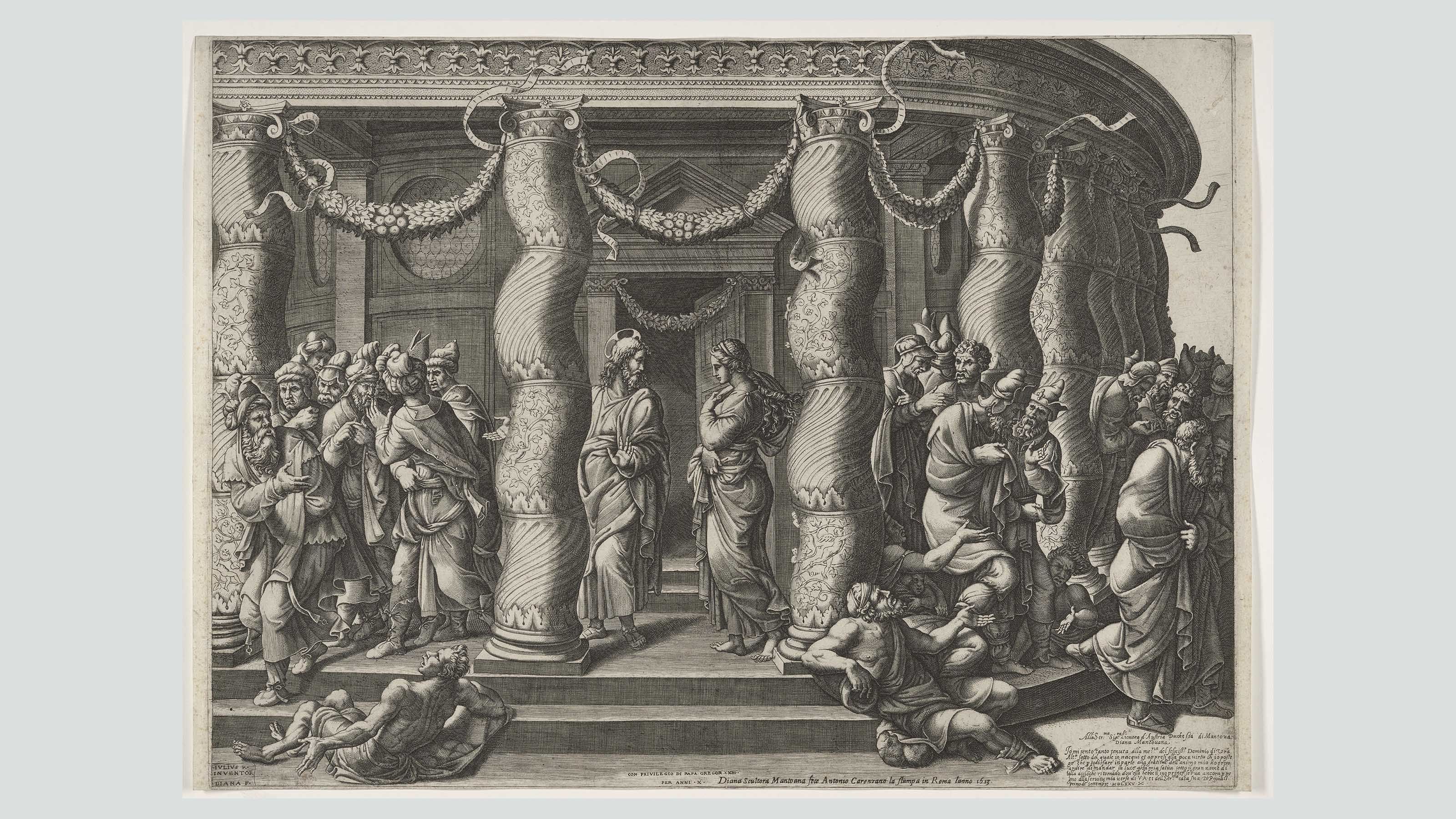 A print depicting the Biblical scene of Jesus and the adulterous woman outside the temple.