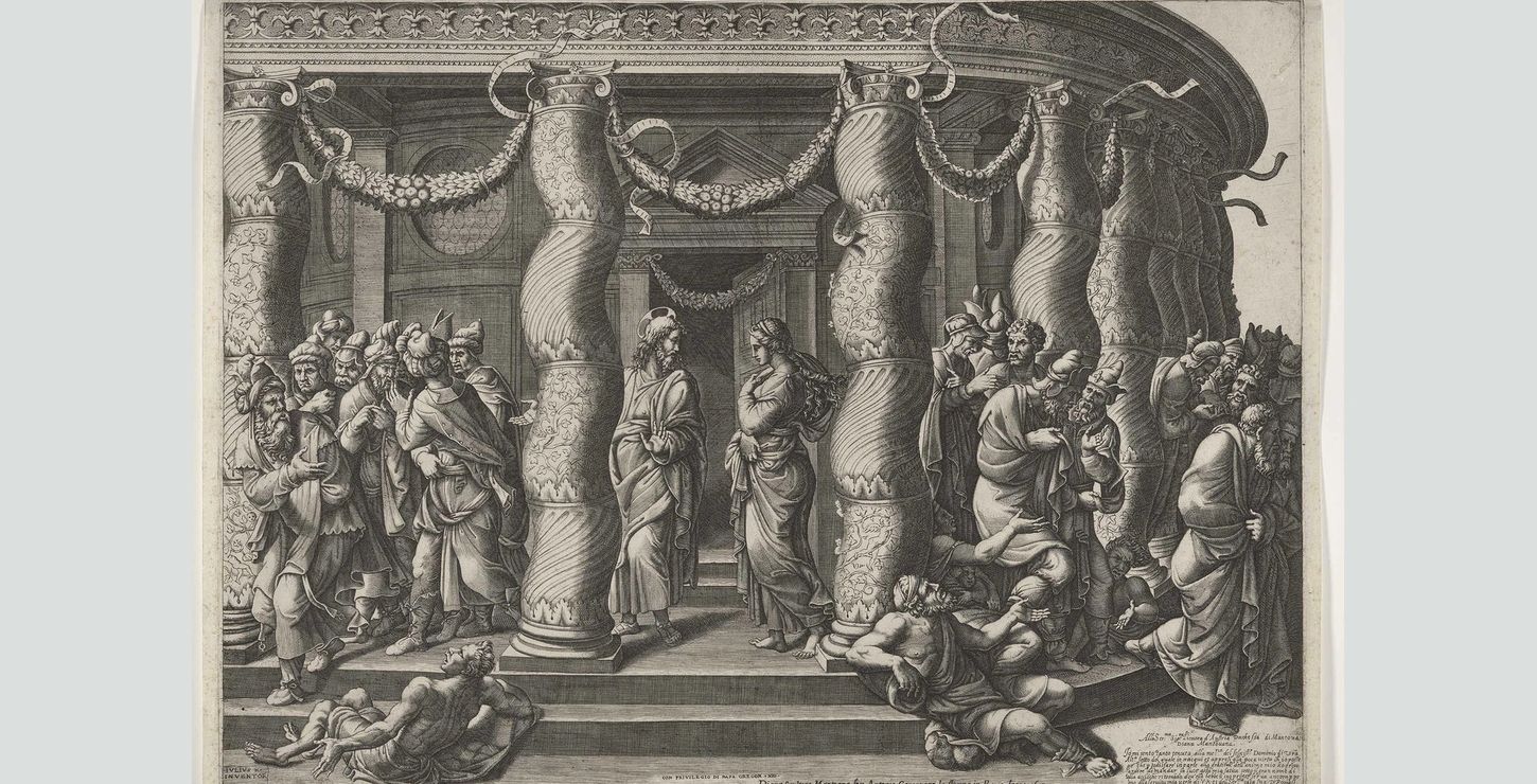 A print depicting the Biblical scene of Jesus and the adulterous woman outside the temple.