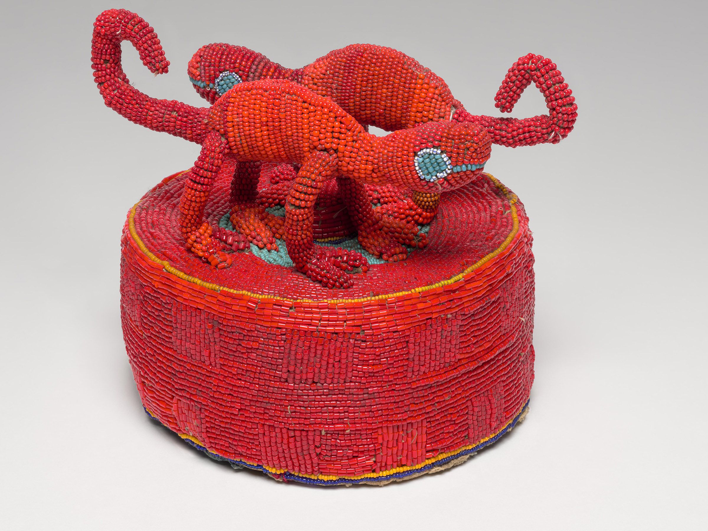 Royal hat with chameleons, Yoruba artist, Nigeria, cotton, glass beads, fiber, c. 1920, BRN-22
