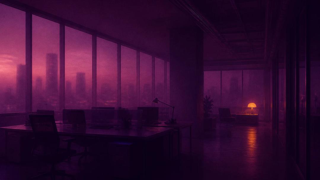 An empty open-plan office at dawn with a single lit lamp