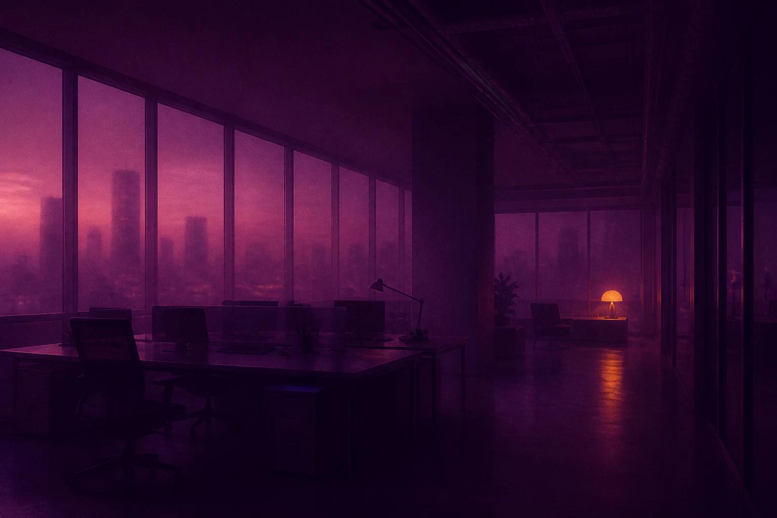An empty open-plan office at dawn with a single lit lamp