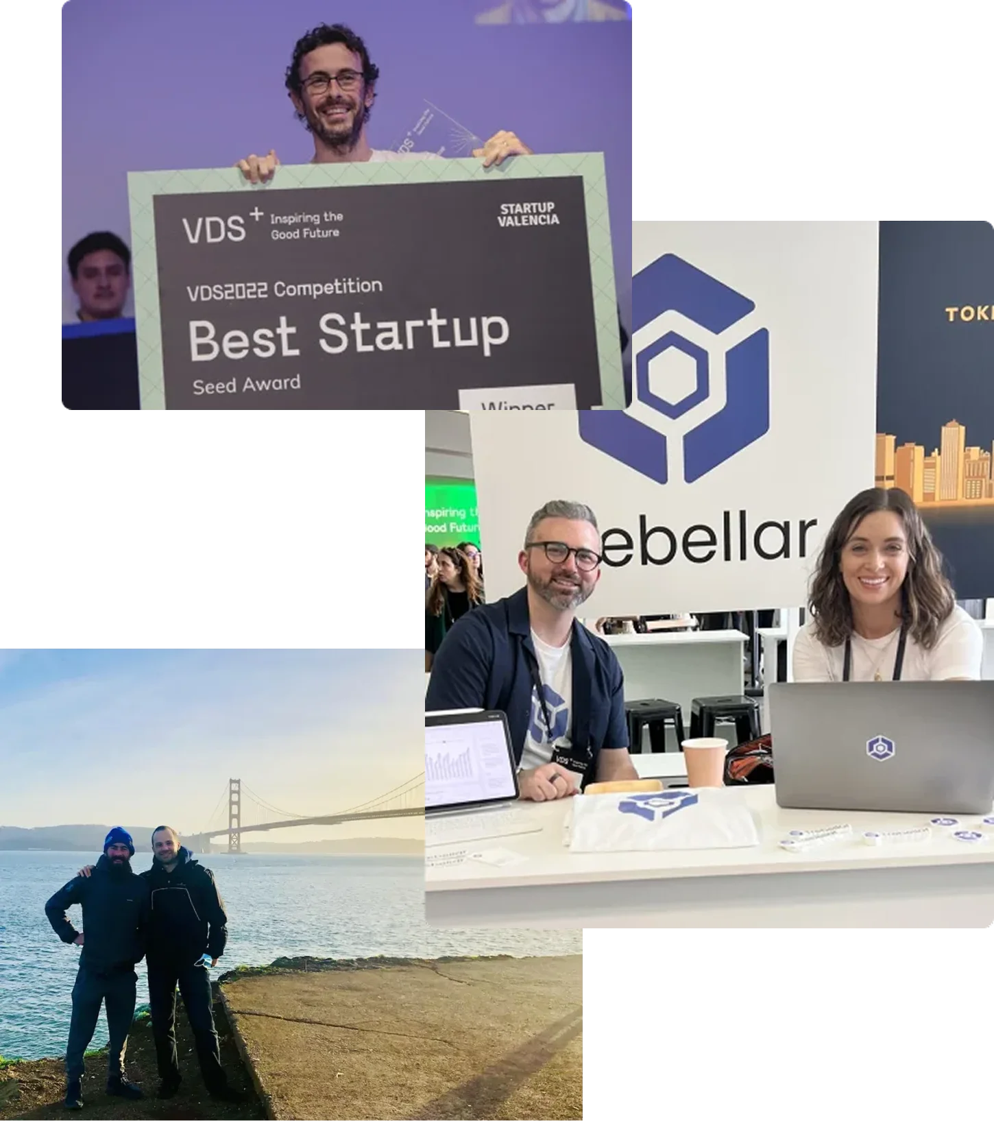 Trebellar team members at a startup award ceremony, a conference booth, and the Golden Gate Bridge