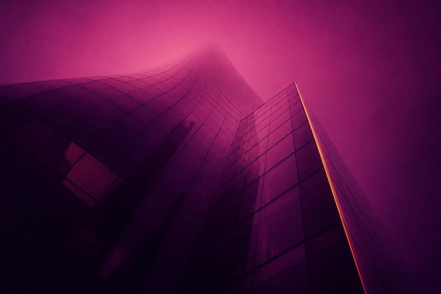 The glass facade of an office tower seen from below at dusk