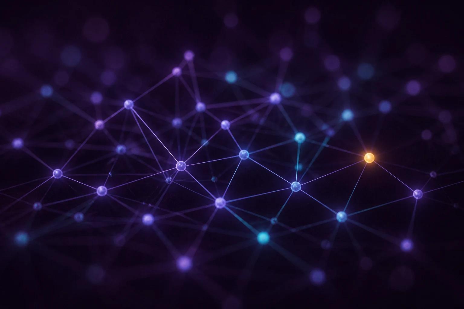 A glowing network of connected nodes, one lit in gold
