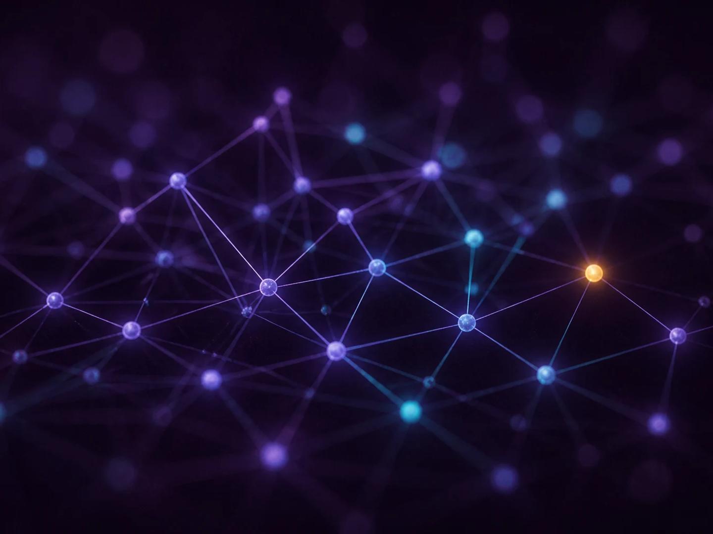 A glowing network of connected nodes, one lit in gold