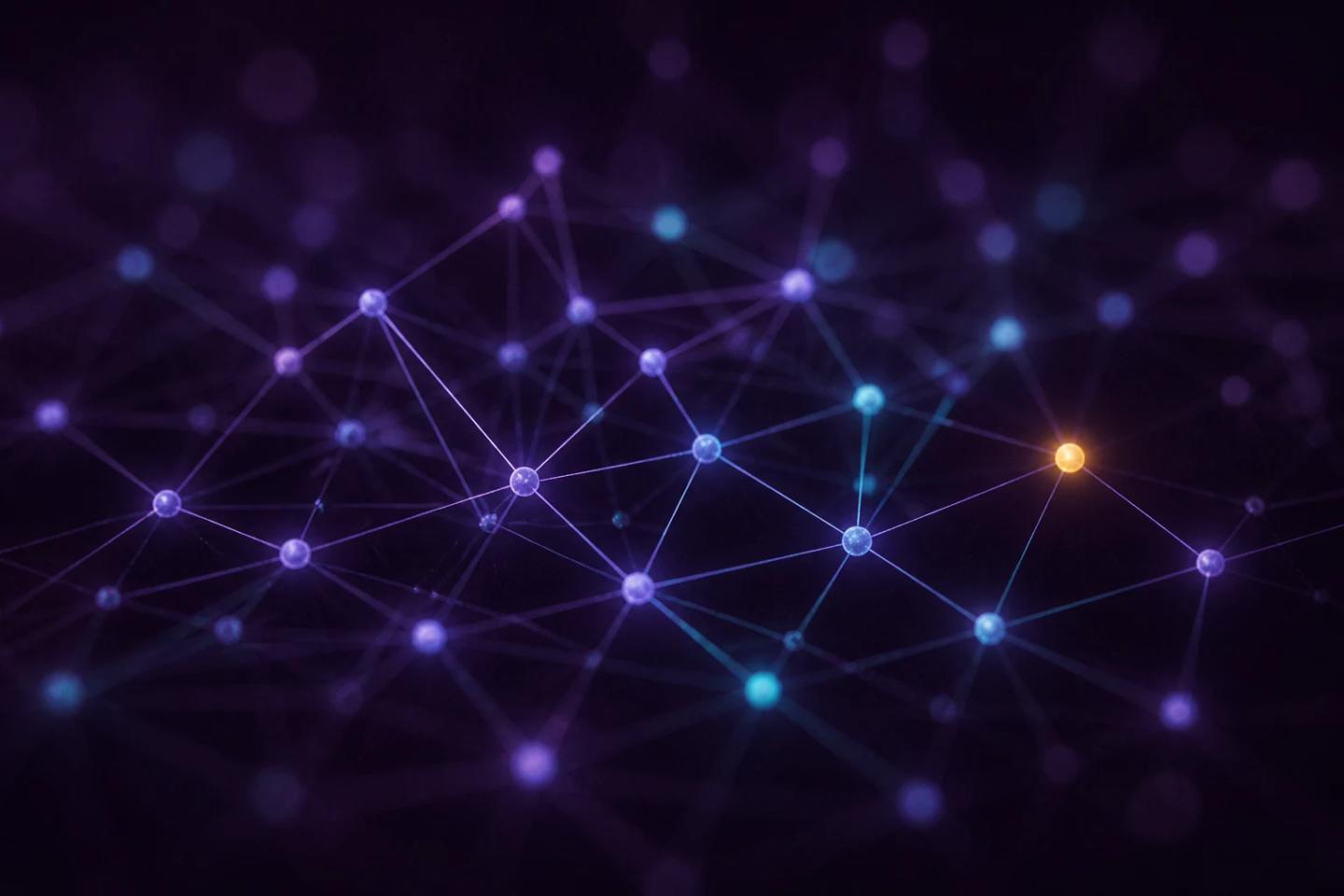 A glowing network of connected nodes, one lit in gold