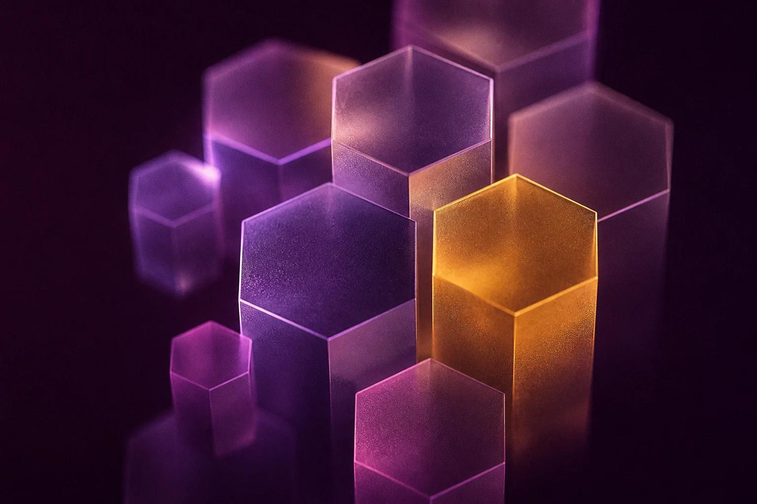 Frosted hexagonal glass prisms, one glowing amber