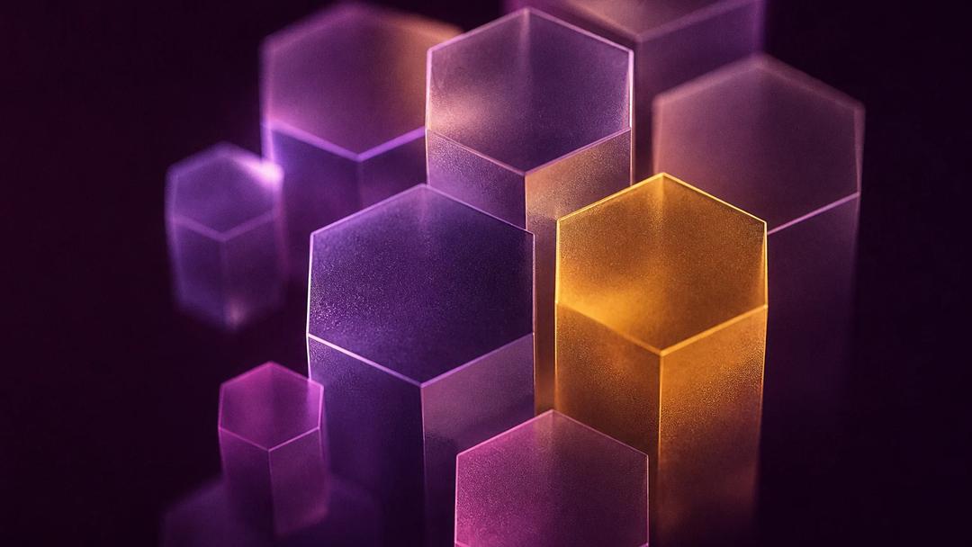 Frosted hexagonal glass prisms, one glowing amber