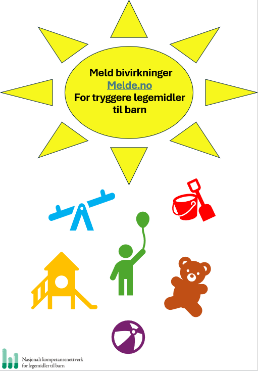 Bilde av informasjon om å melde bivirkninger på melde.no, med illustrasjoner av barn og leker