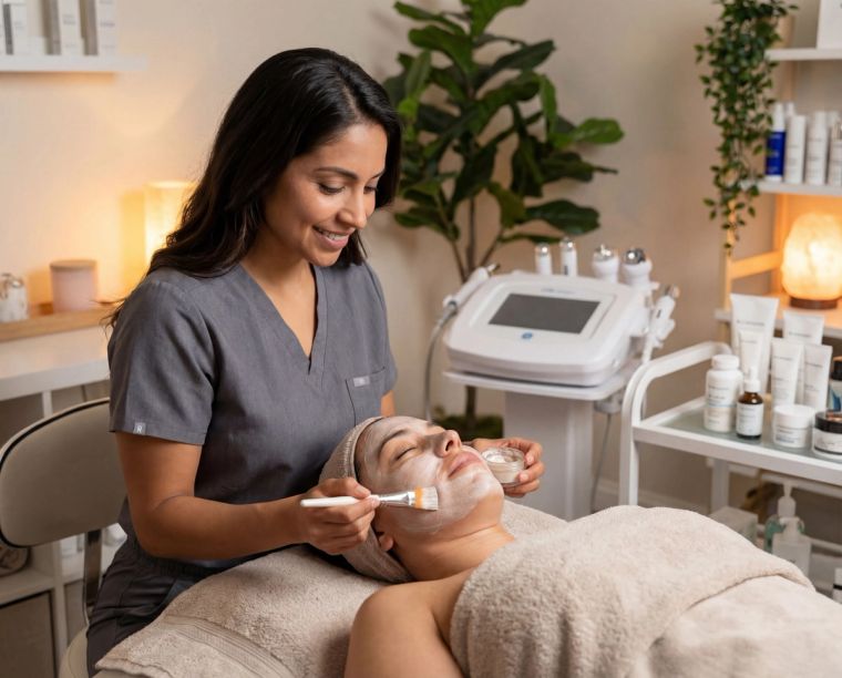Clinician applying facial treatments to a patient in a med spa