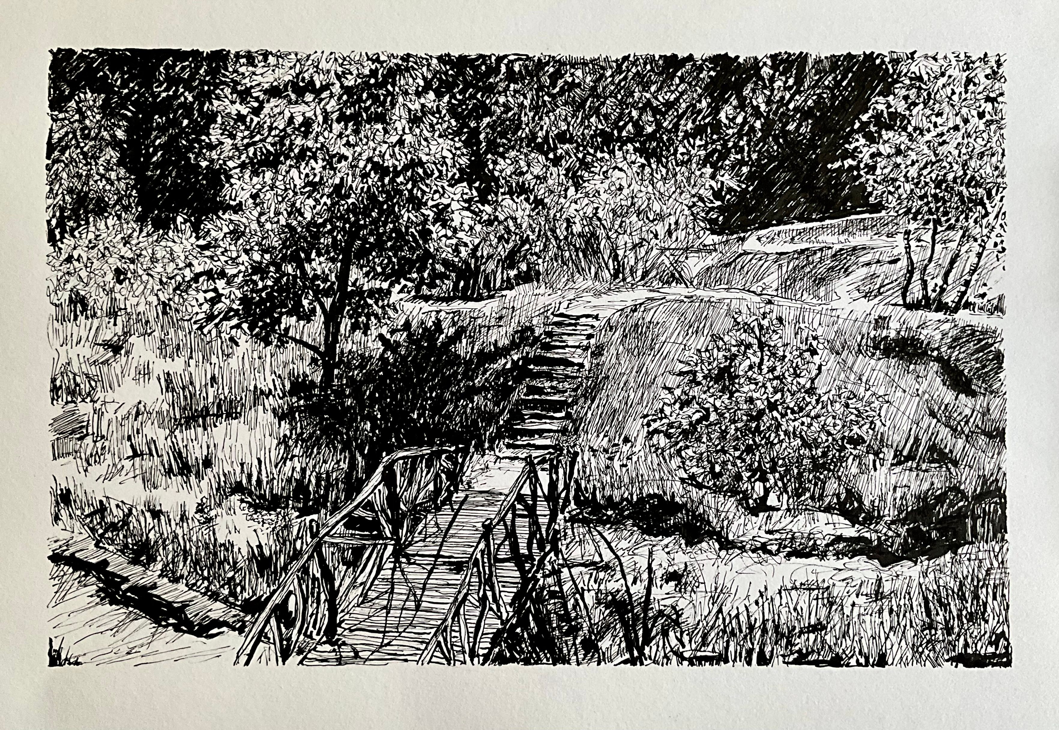 Tekening met inkt van een bruggetje