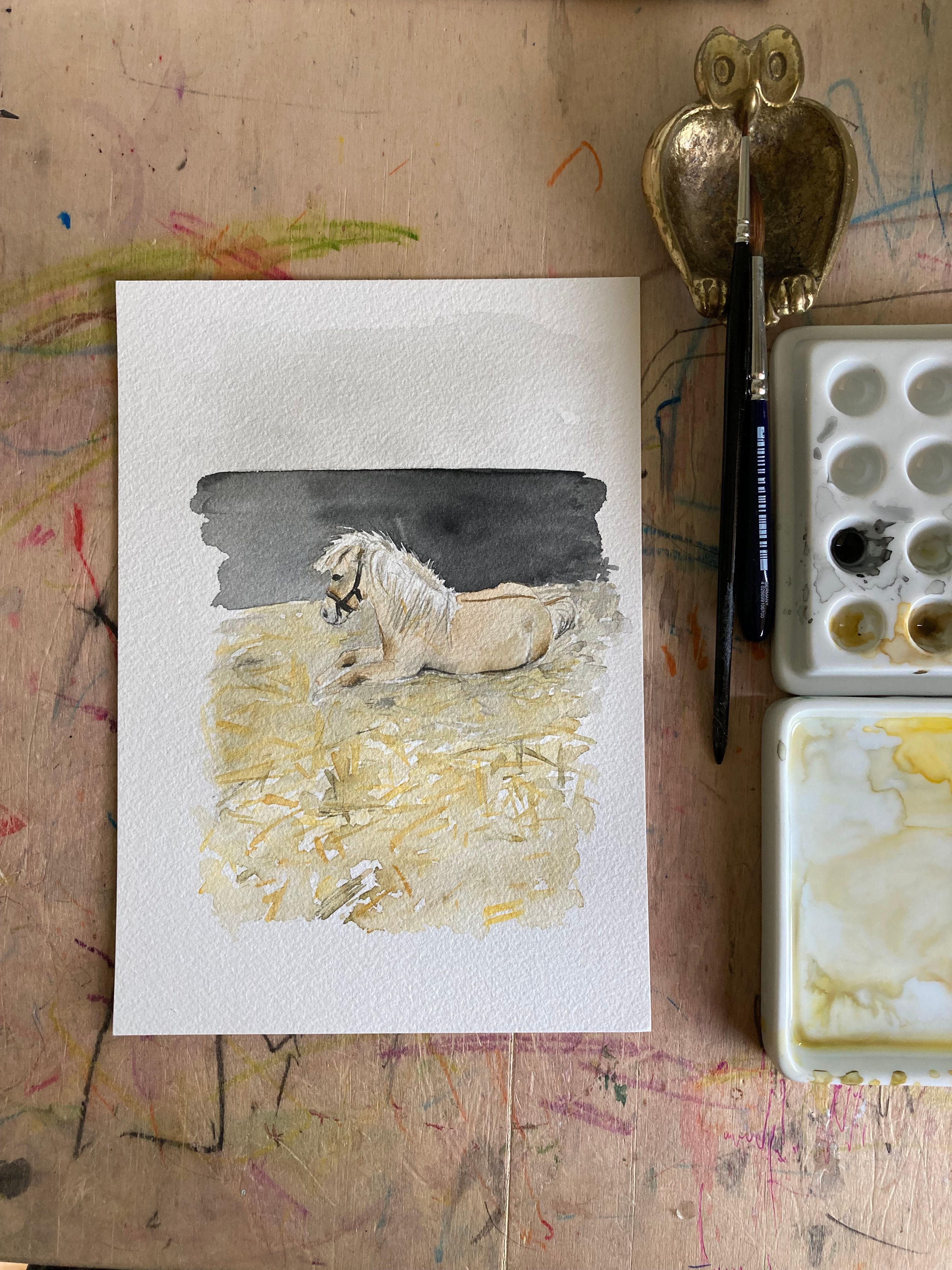 Aquarel van een pony in het stro