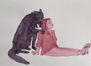 tekening van een vrouw met hond