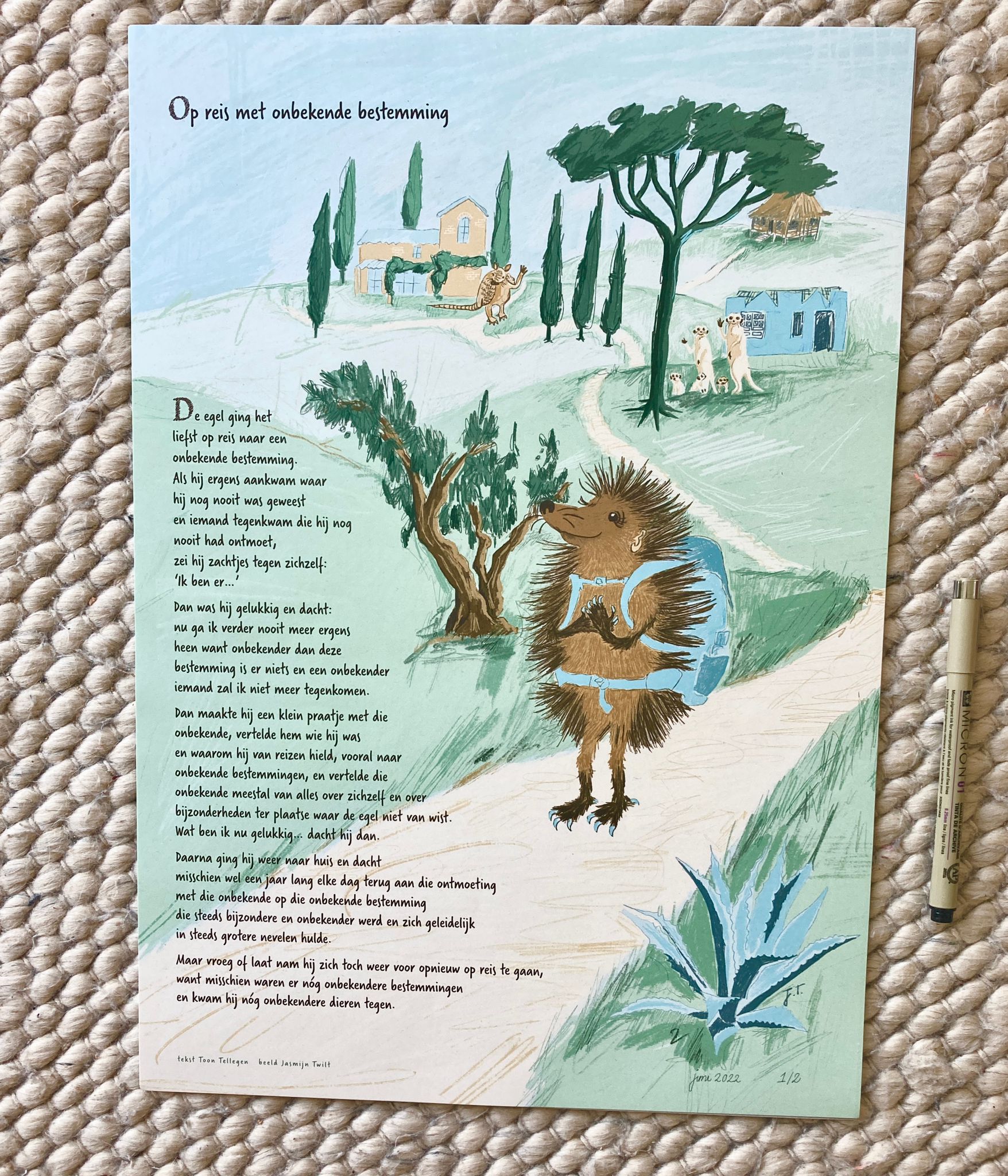 Gedrukte illustratie van een egel op reis naar een tekst van Toon Tellegen