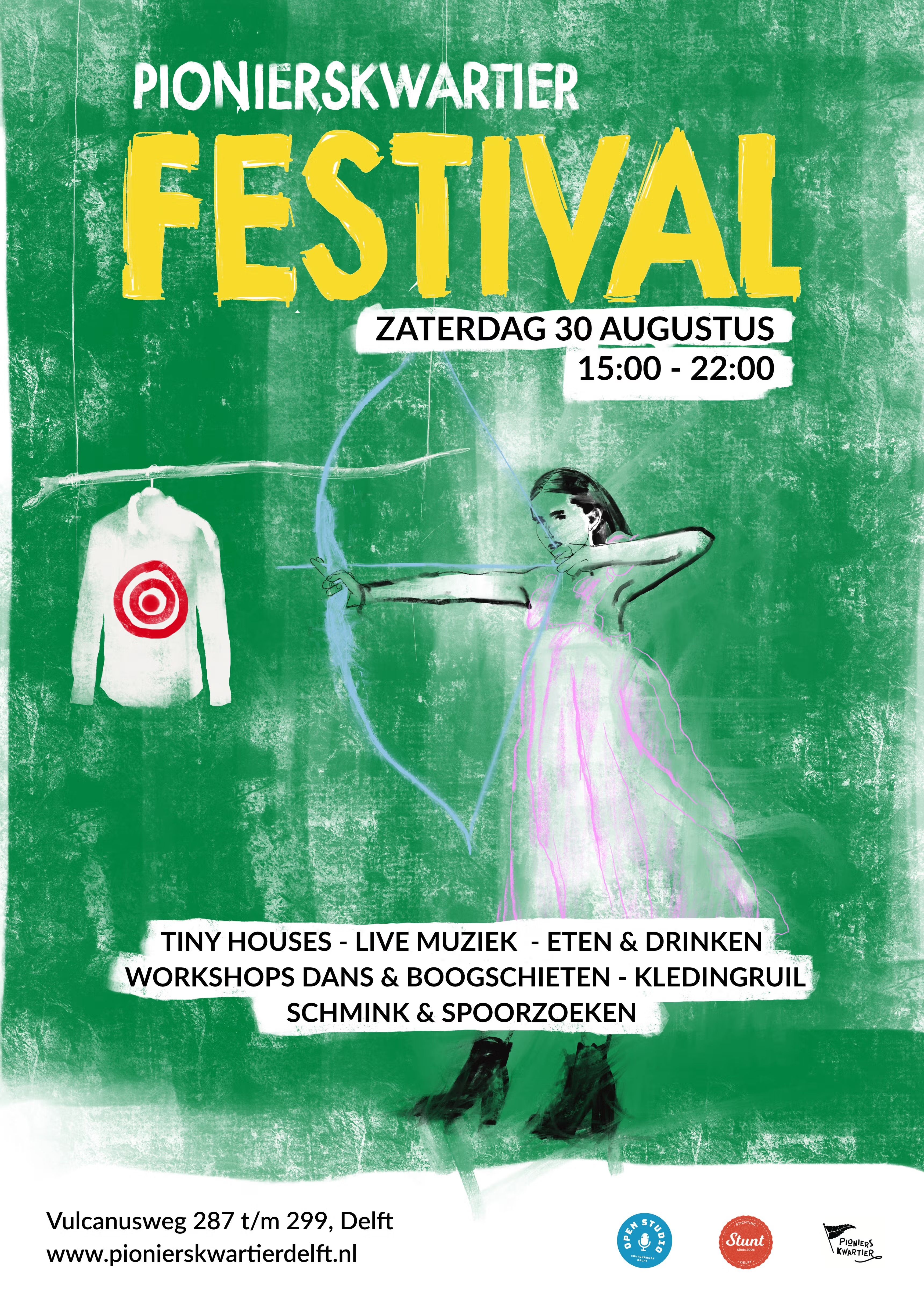 poster met een vrouw met pijl en boog en wit overhemd met een roos erop