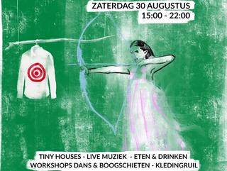 poster met een vrouw met pijl en boog en wit overhemd met een roos erop