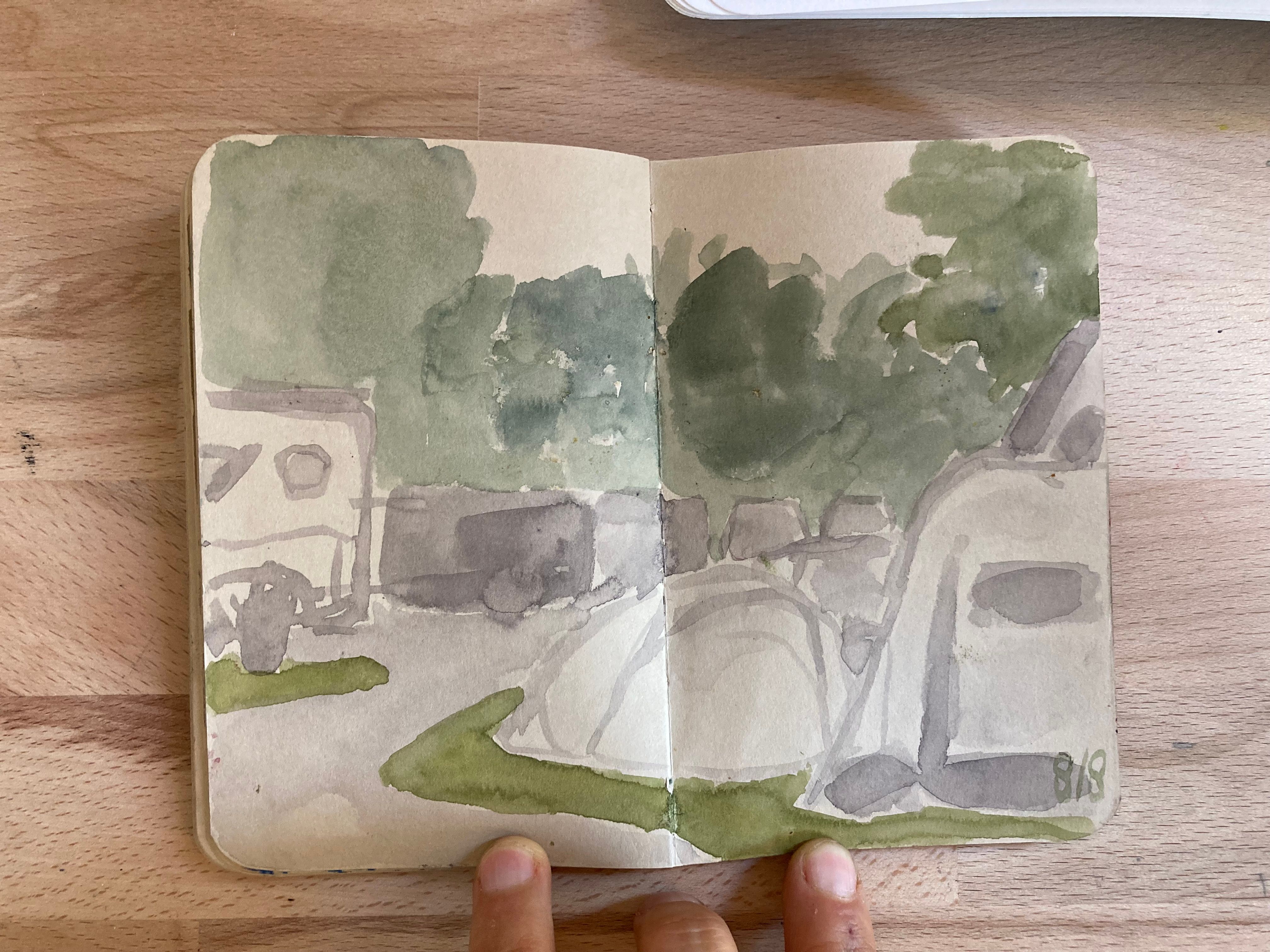 aquarel van tenten op stadscamping