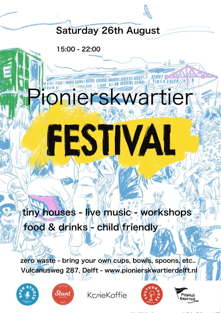 Festivalposter met een tekening van feestende mensen
