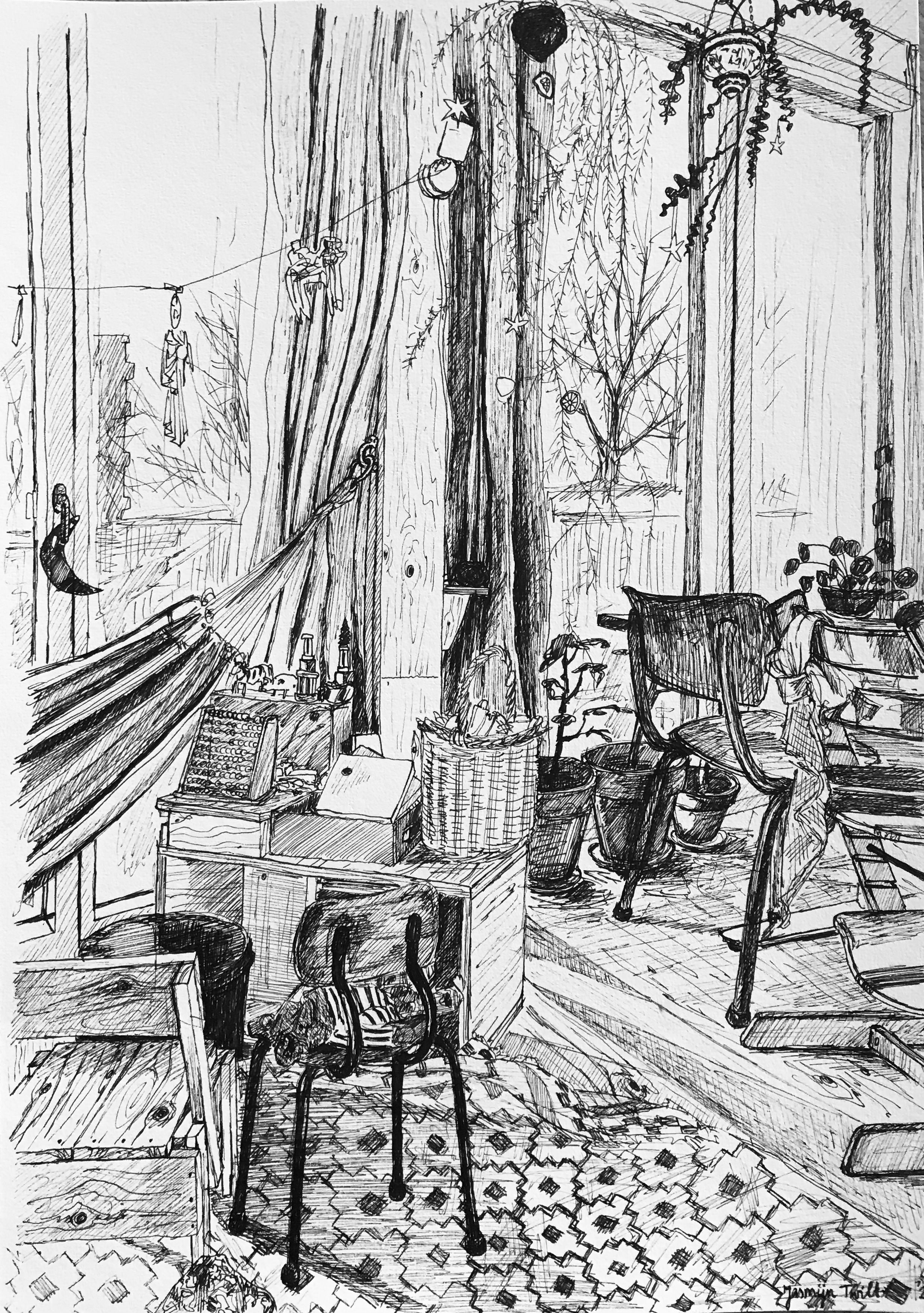 Pendrawing of an installation of toys and furniture 