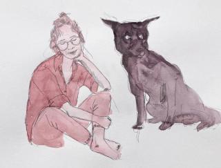 Tekening van een vrouw met een zwarte hond